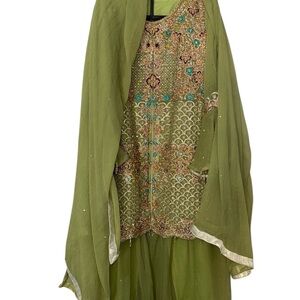 Beautiful olive green embroidered Sharara suit with matching dupatta